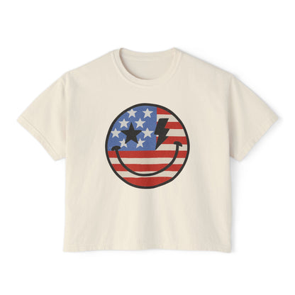 Women's Patriot Smiley face 4th of July Crop boxy