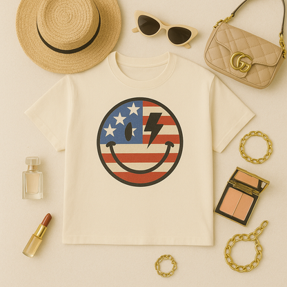 Women's Patriot Smiley face 4th of July Crop boxy