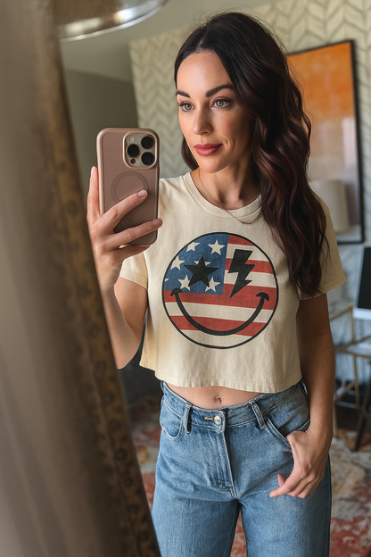 Women's Patriot Smiley face 4th of July Crop boxy